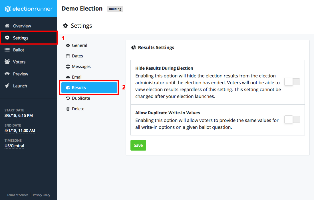 Election Settings - Results